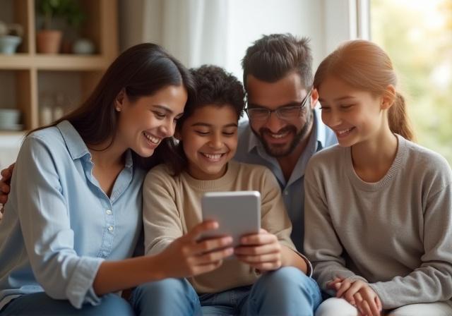 عائلة سعيدة تتواصل عبر الهاتف دولياً